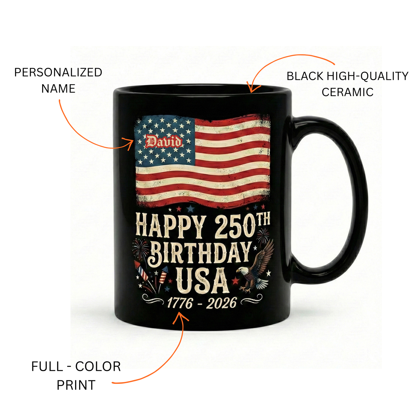 Happy 250th Birthday America Personalized Black Mug – USA 1776–2026 Patriotic Flag Anniversary Mug