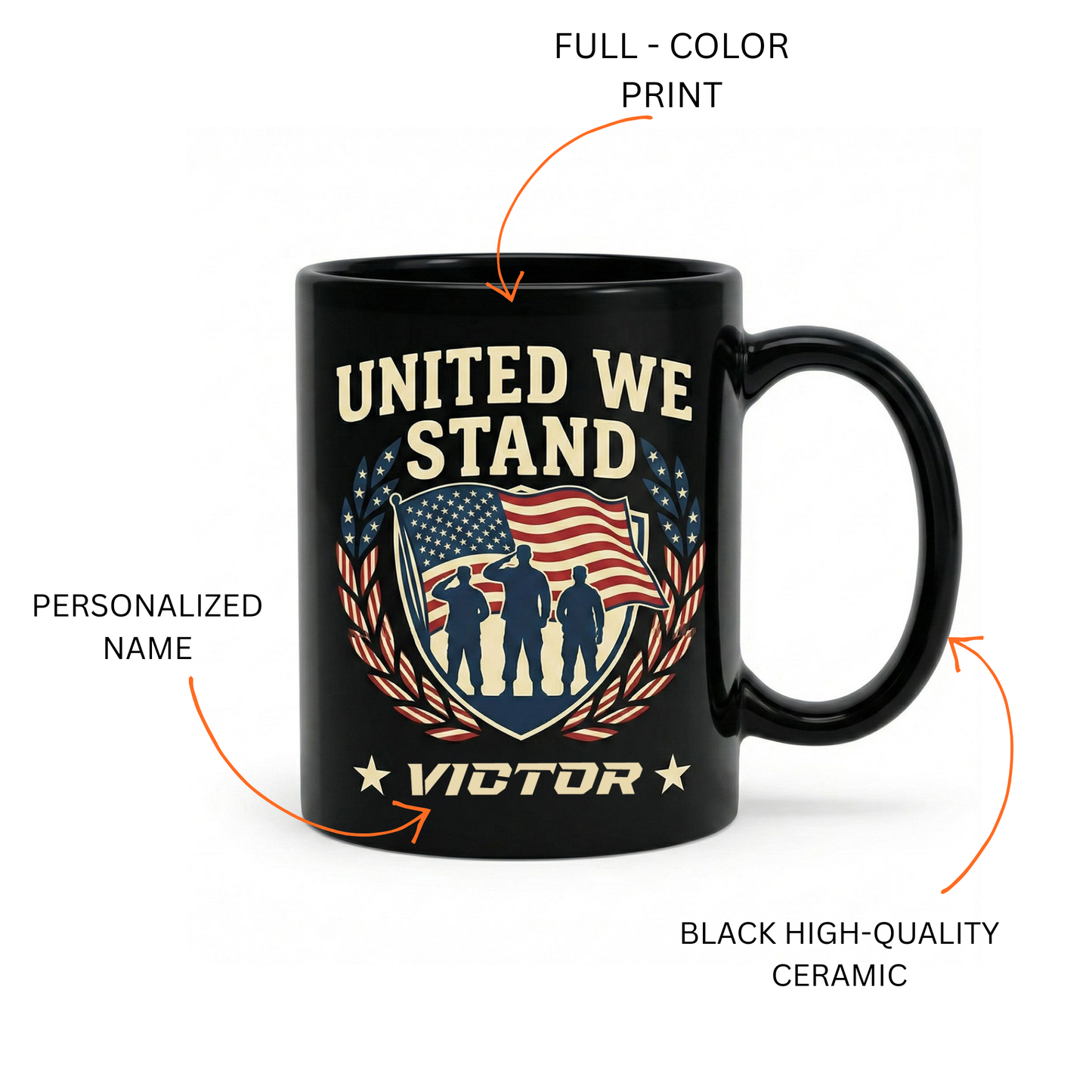 United We Stand Patriotic Veteran Black Mug – Personalized USA Military Tribute Mug