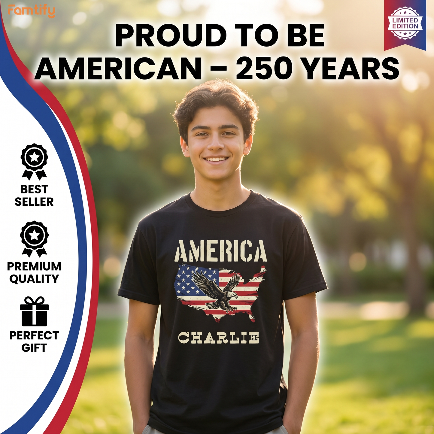 Personalized America 250 Years T-Shirt – Patriotic Eagle USA Map 1776–2026 Independence Anniversary Shirt