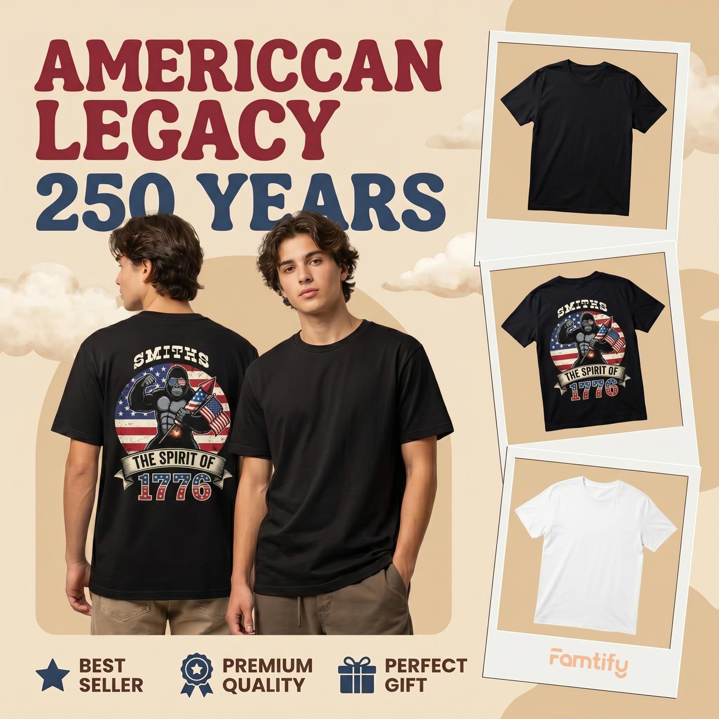 Personalized USA 250th Anniversary T-Shirt – Spirit of 1776 Patriotic Gorilla 4th of July Shirt 2026