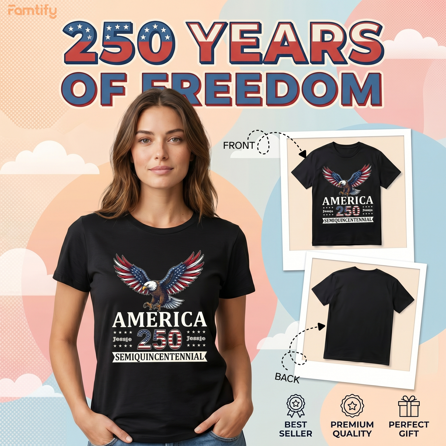 Personalized America 250 Semiquincentennial T-Shirt – Patriotic Eagle 1776–2026 USA Anniversary Shirt
