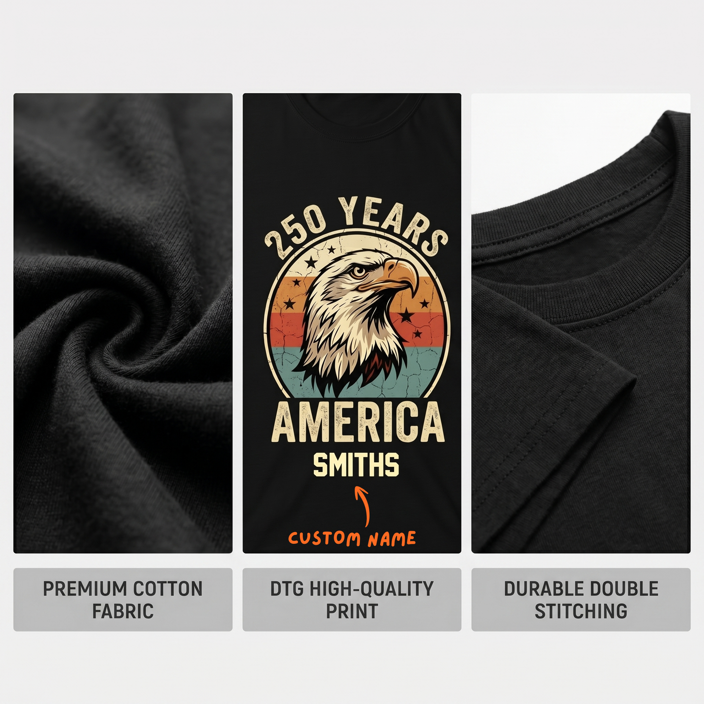 Personalized America 250 Years Vintage Eagle T-Shirt – Patriotic Retro USA 1776–2026 Anniversary Shirt