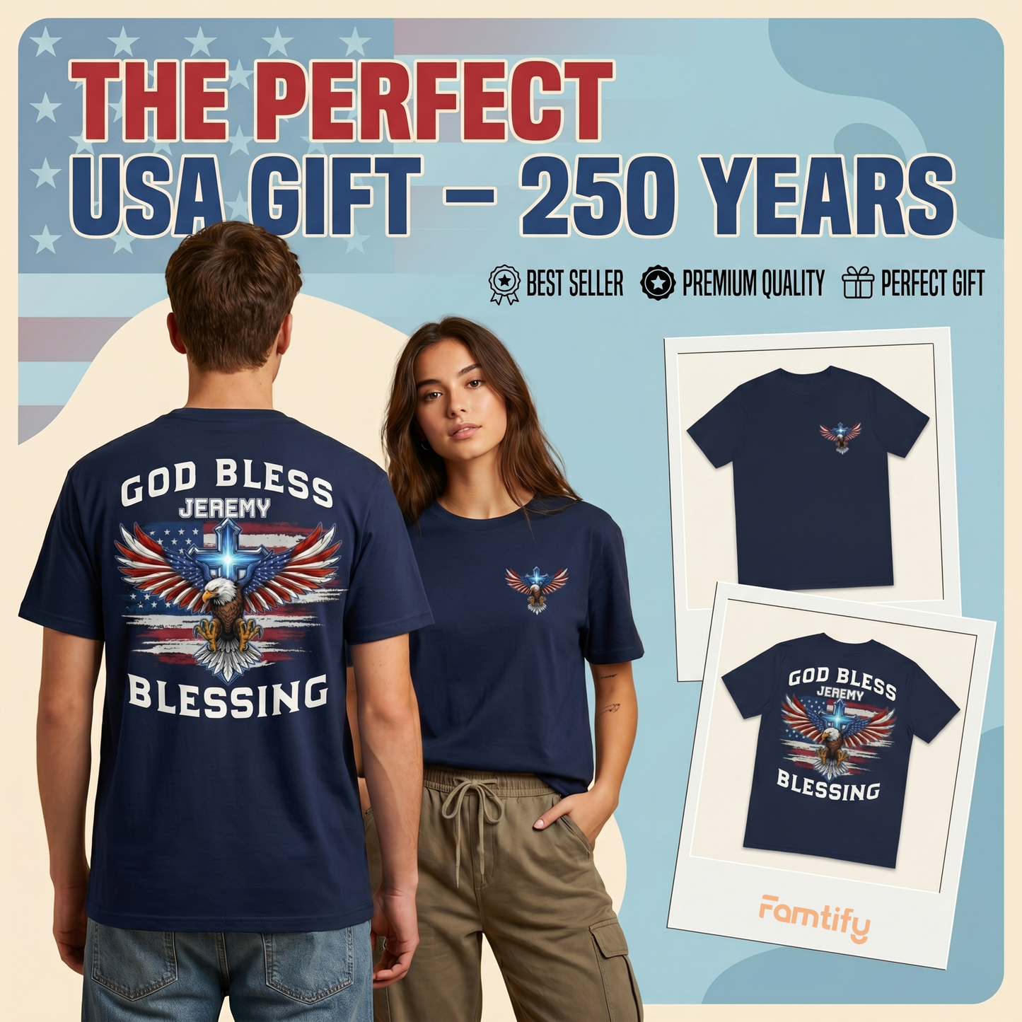 God Bless America Shirt – Personalized Patriotic Eagle Cross T-Shirt, 250 Years of Blessing Independence Day 2026