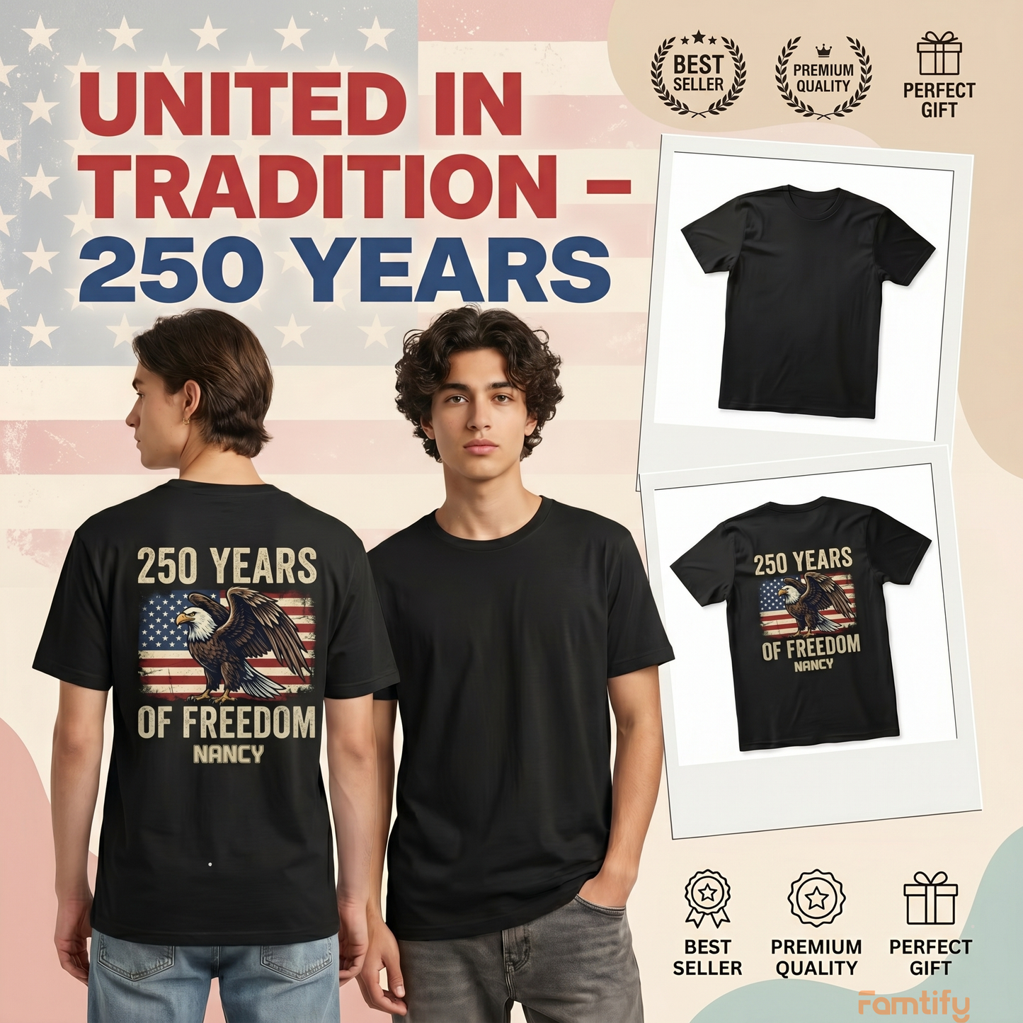 250 Years Of Freedom Since 1776 USA Eagle Flag Back Shirt Personalized Name Patriotic Tee