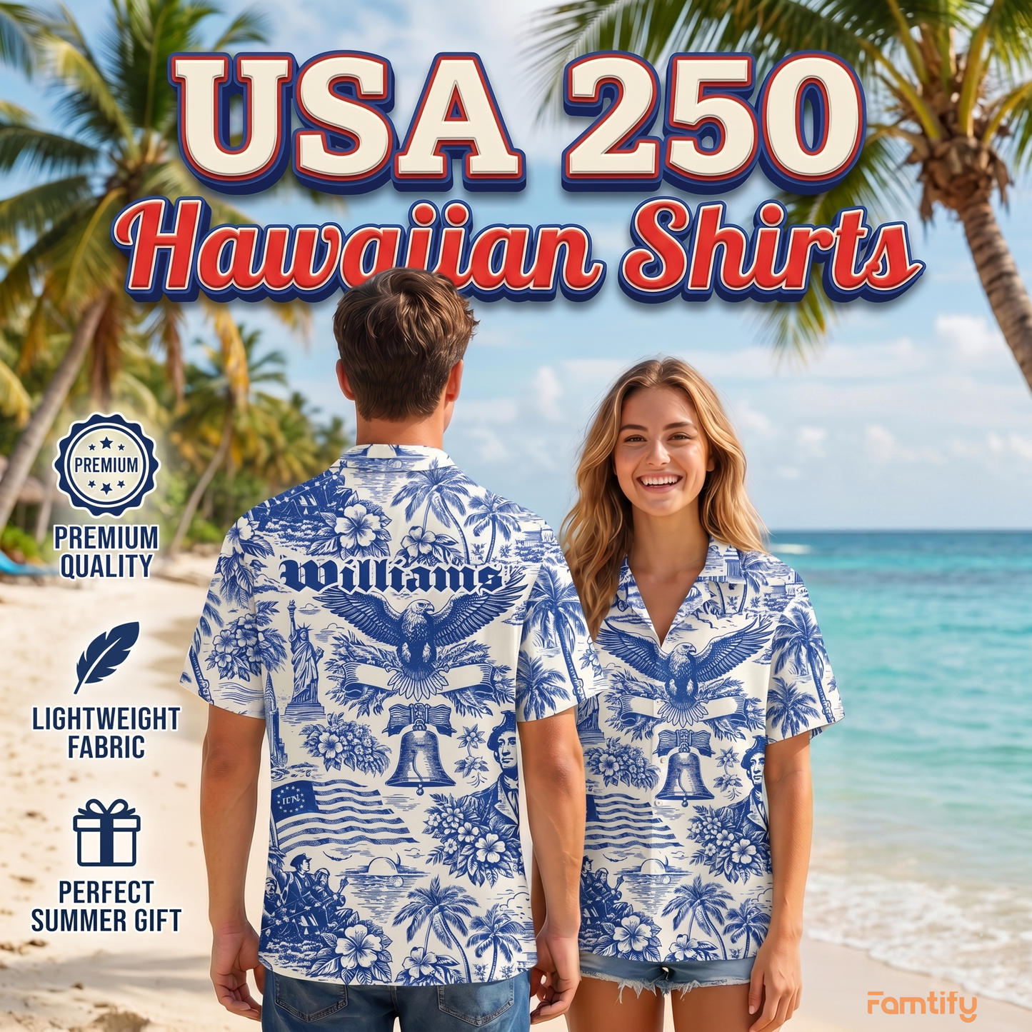 America 250th Anniversary Toile De Jouy Style Patriotic Hawaii Shirt