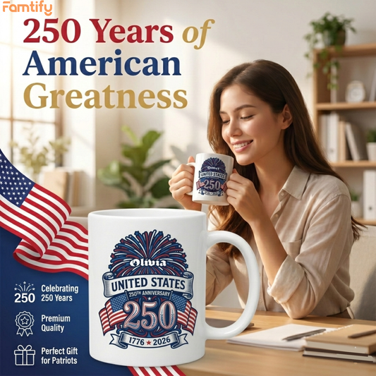United States 250th Anniversary Personalized White Mug - Custom Name America 1776 - 2026 Fireworks Mug
