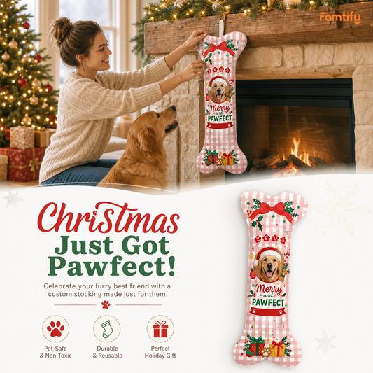 Personalized Merry And Pawfect Gingham dog bone Christmas stocking, view 2