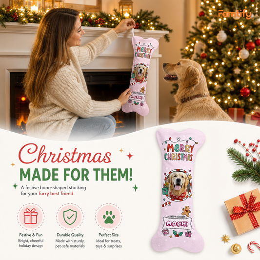 Personalized Happy Holidays Twinkle Lights dog bone Christmas stocking, view 2