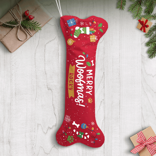 Personalized Merry Woofmas Bone Treats dog bone Christmas stocking, view 2