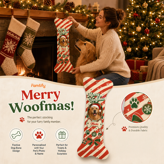 Personalized Merry Woofmas Peppermint Stripe dog bone Christmas stocking, view 2