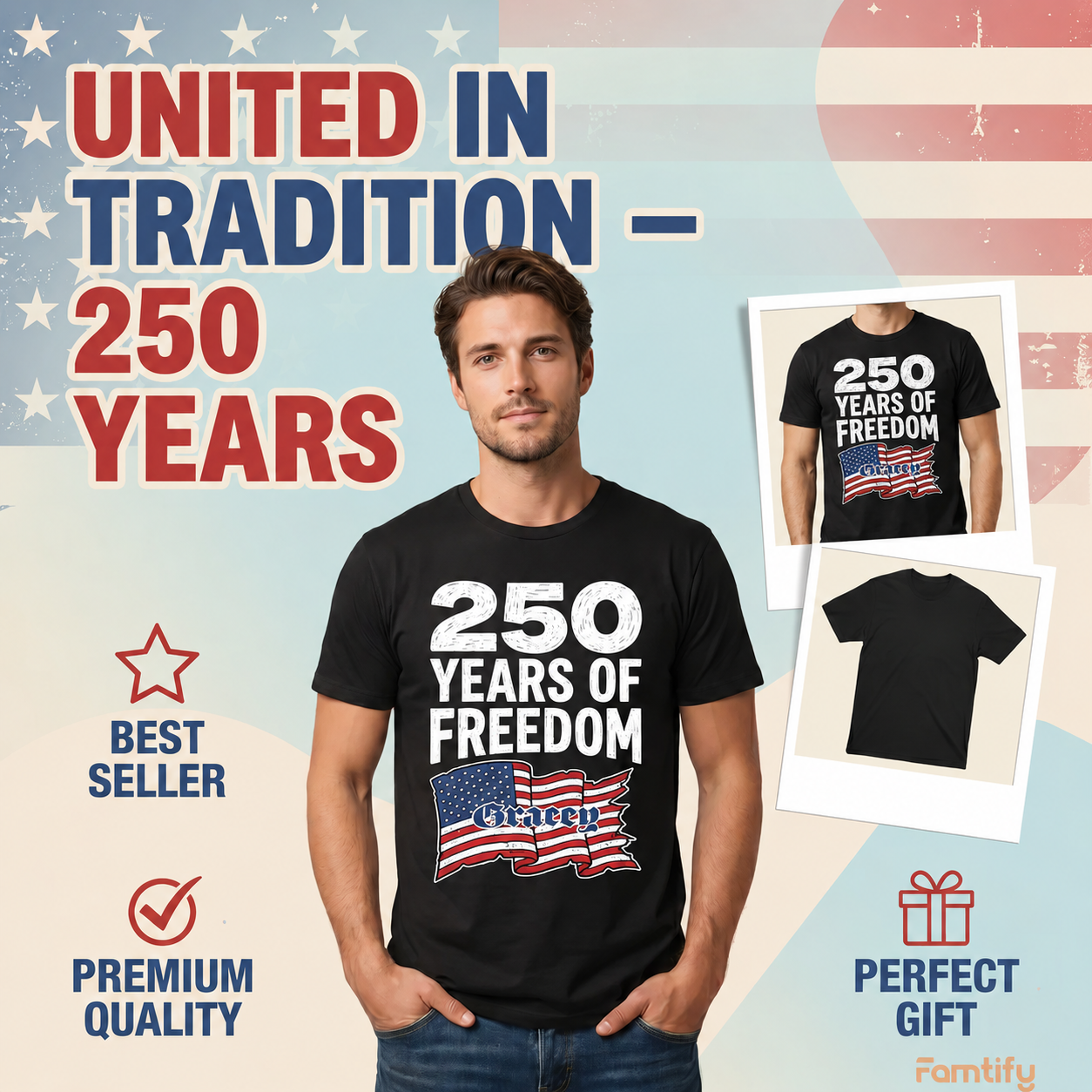 250 Years of Freedom Shirt – Patriotic USA Flag Front Print 4th of July 2026 Personalized Tee