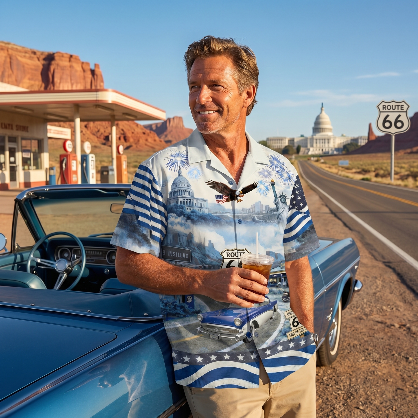 Celebrate 100 Years of Road Route 66 and America 250th Anniversary Custom Car Photo Hawaiian Shirt
