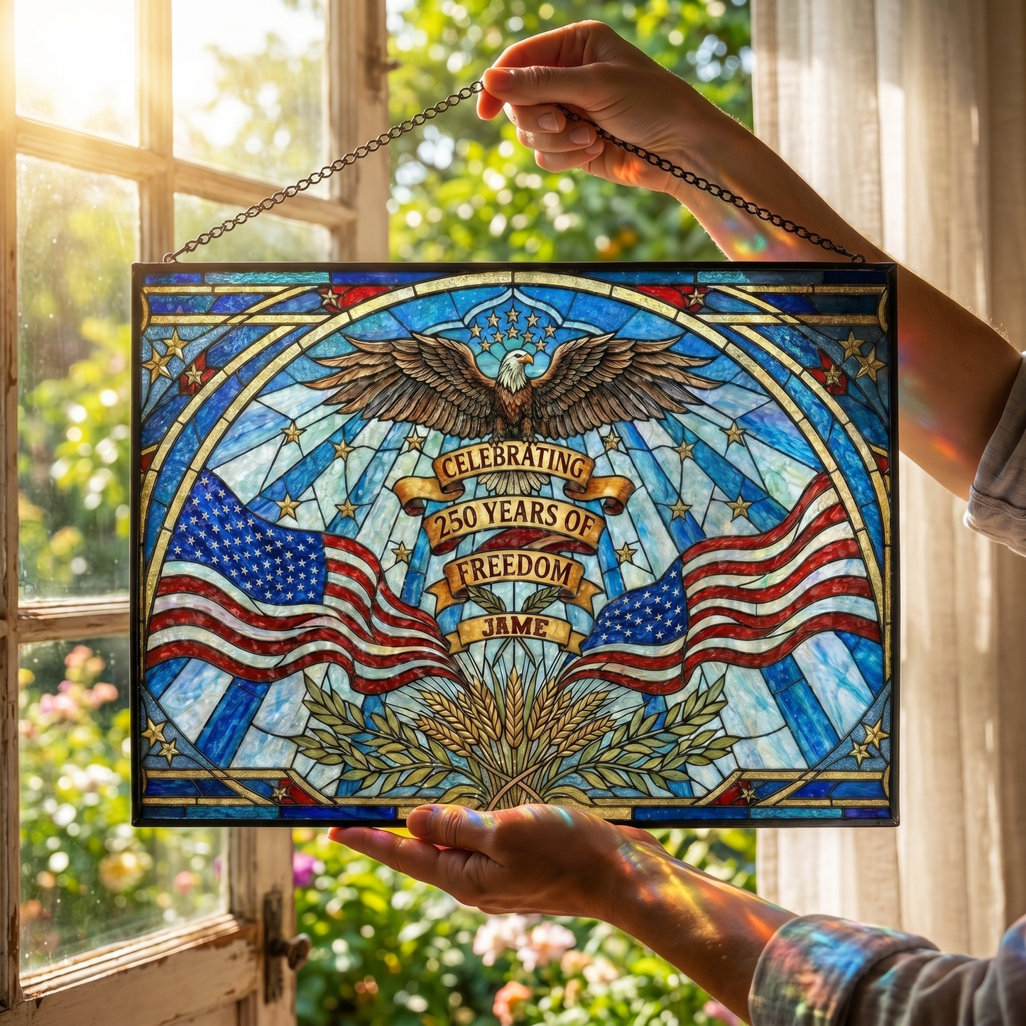 Personalized USA 250 Years of Freedom Stained Glass Suncatcher Patriotic Window Hanging Decor