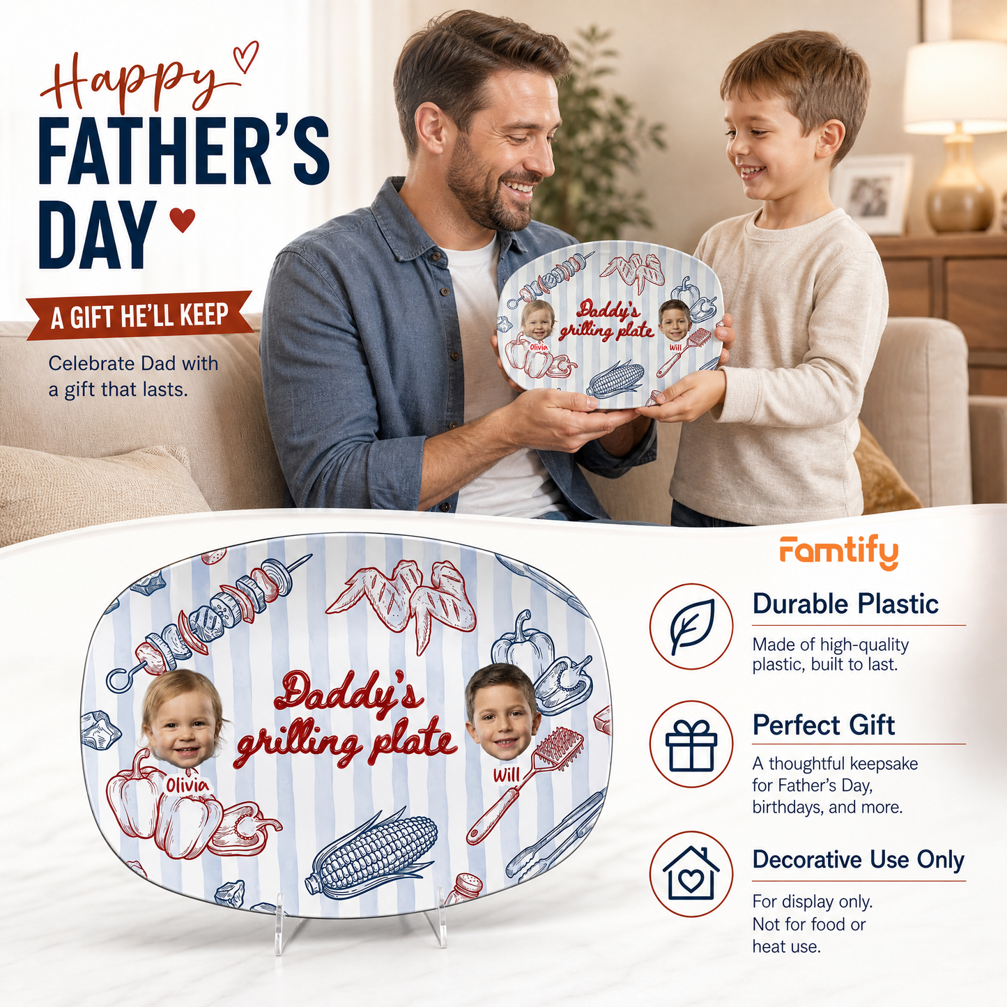 Personalized Daddy’s Grilling Plate – Custom Name & Photo BBQ Decoration
