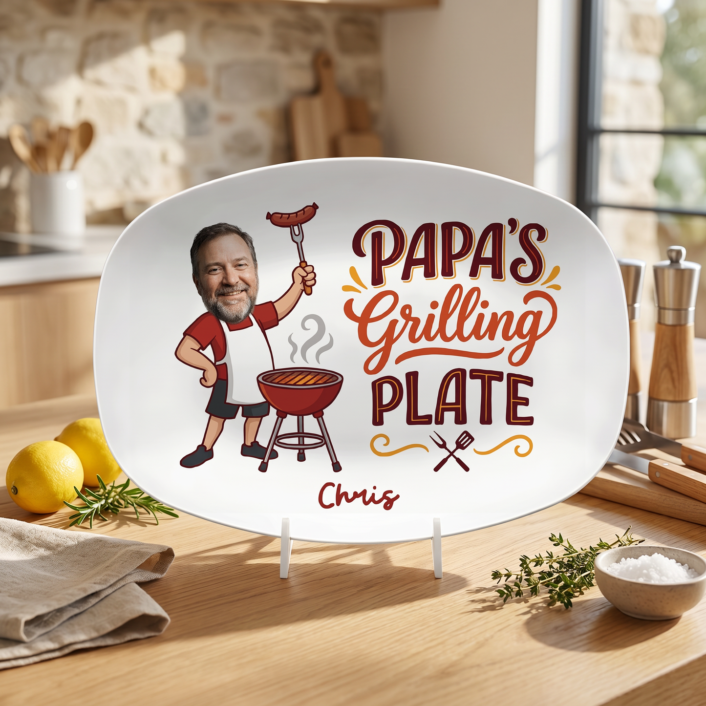 Personalized Papa’s Grilling Plate – Custom Photo & Name BBQ Decoration