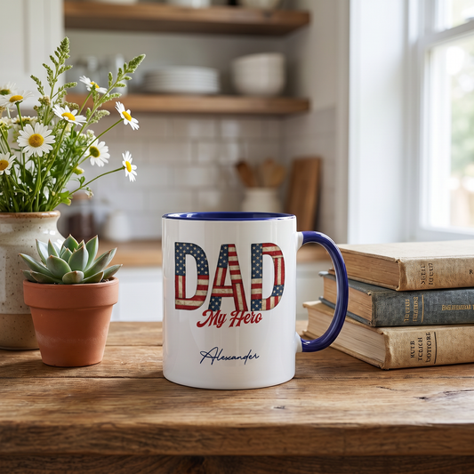 Personalized Dad My Hero Accent Mug - Custom Photo Coffee Mug for Dad