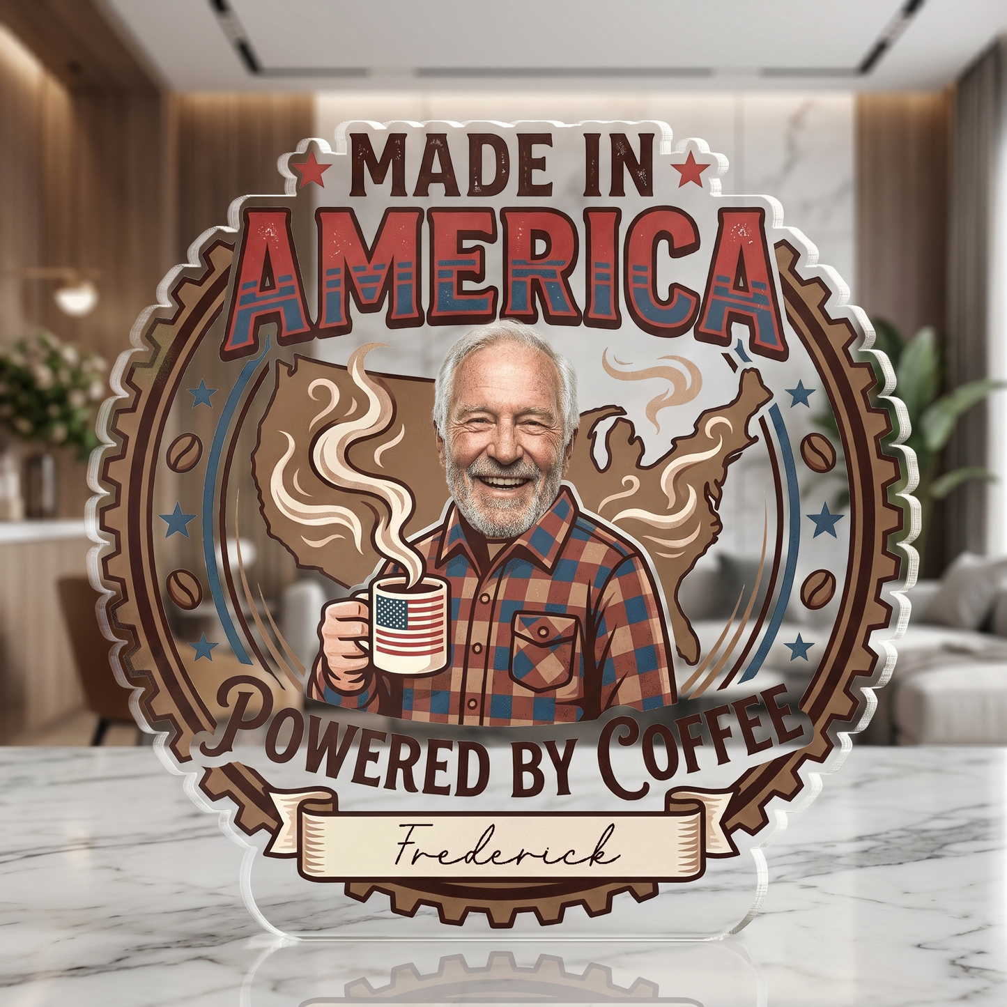 Made In America Powered By Coffee Acrylic Plaque – Personalized Photo Gift for Grandpa