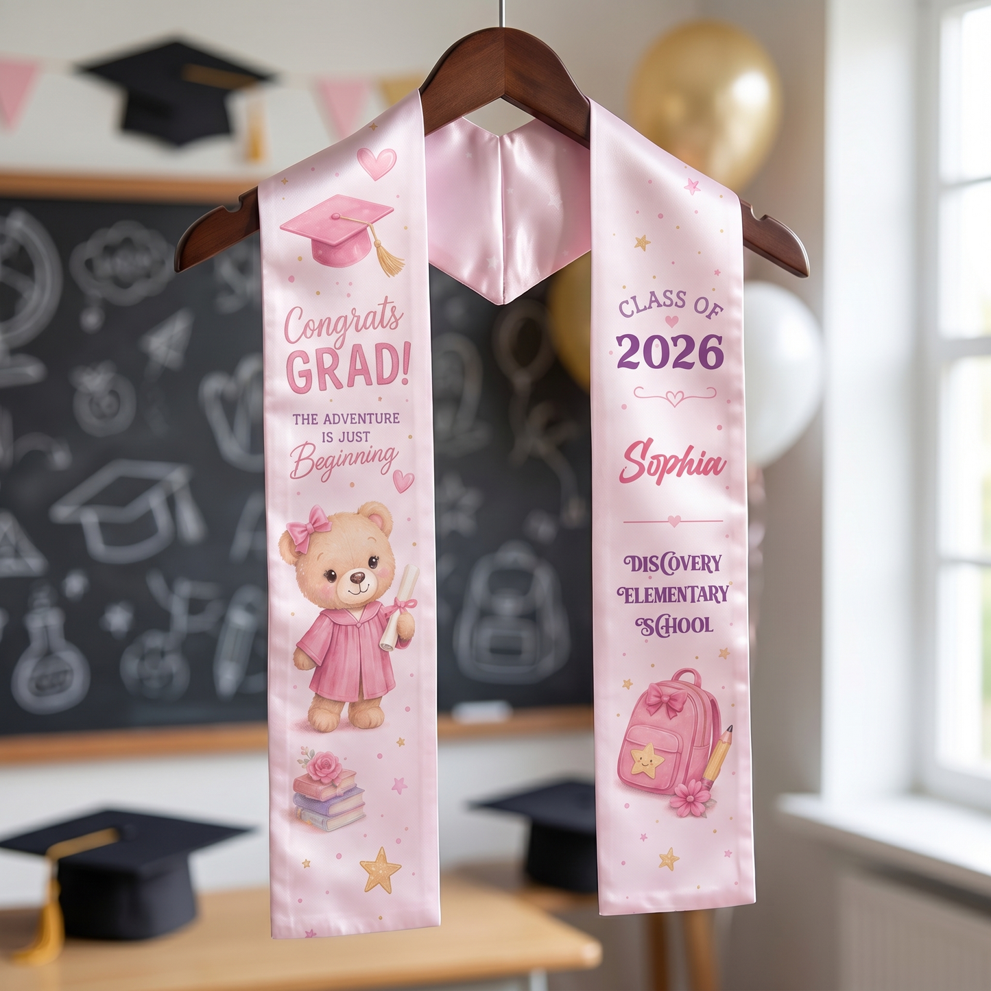Personalized Congrats Grad Pink Kid Graduation Stole – Name and Year