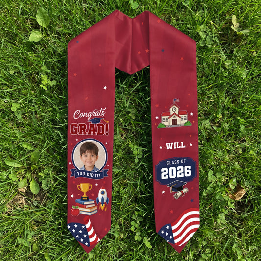 Personalized Red Kid Graduation Stole - Custom Photo