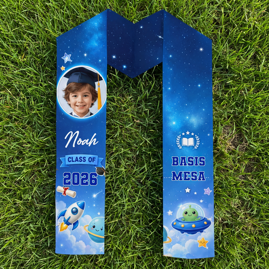 Personalized Blue Rocket Kid Graduation Stole - Custom Name