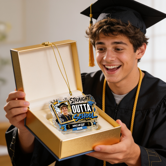 Straight Outta School Personalized Acrylic Ornament with Photo, Custom Name Graduation Gift