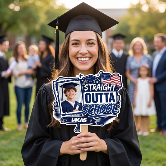 Straight Outta School Custom Shape Photo Hand Fan with Photo, Name Graduation Party Fan