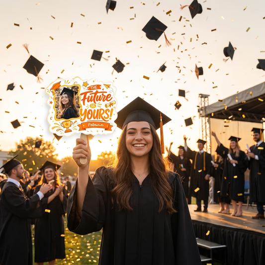 The Future Is Yours Orange Custom Shape Photo Hand Fan with Photo, Name Graduation Party Fan