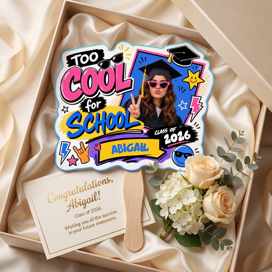 Too Cool for School Custom Shape Photo Hand Fan with Photo, Name Graduation Party Fan