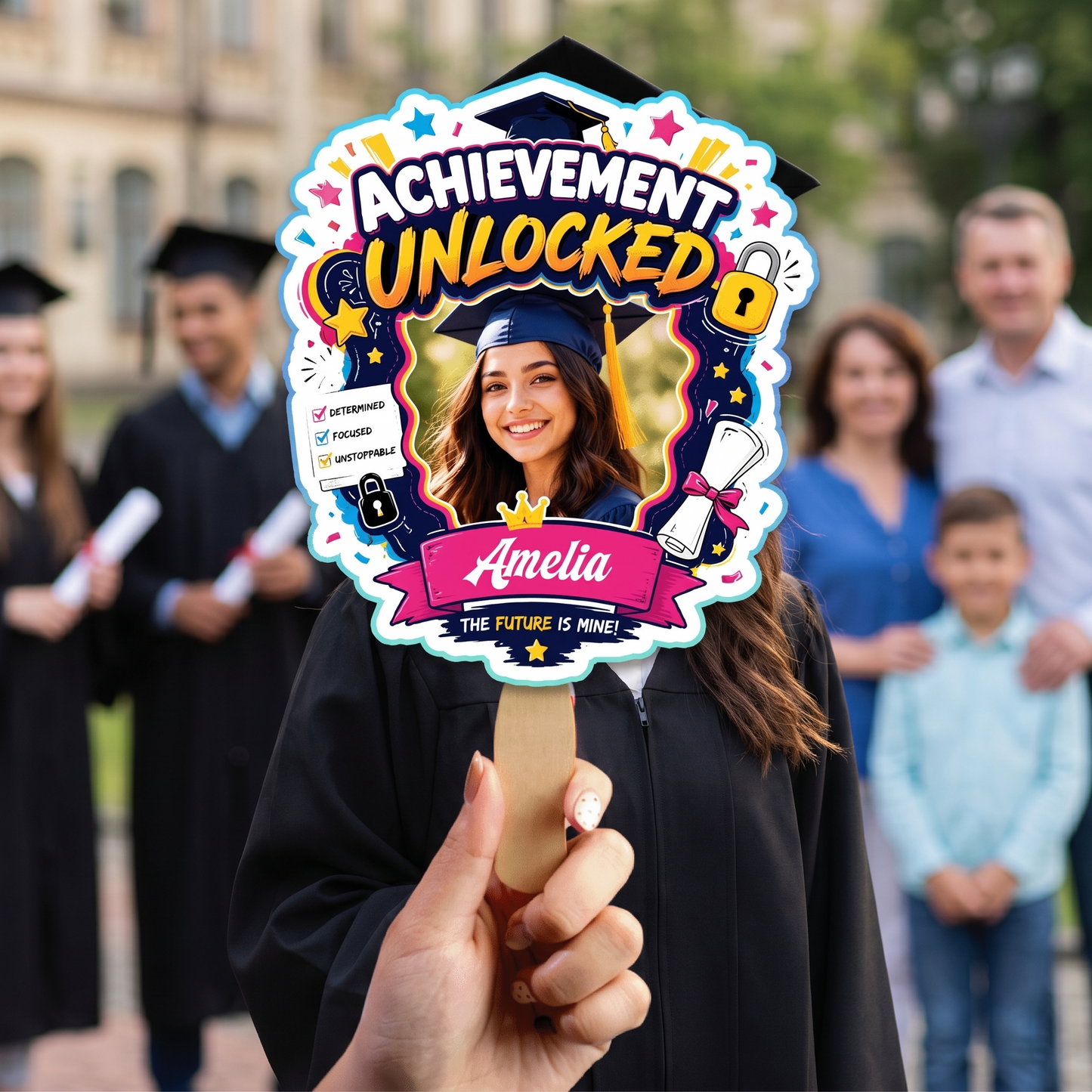 Personalized Achievement Unlocked Custom Shape Photo Hand Fan, Graduation Fan with Photo & Name