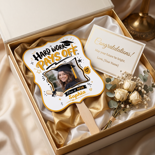 Personalized Hard Work Pays Off Custom Shape Photo Hand Fan, Graduation Fan with Photo & Name