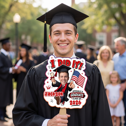 I Did It Officially a Graduate Custom Shape Photo Hand Fan with Photo, Name Graduation Party Fan