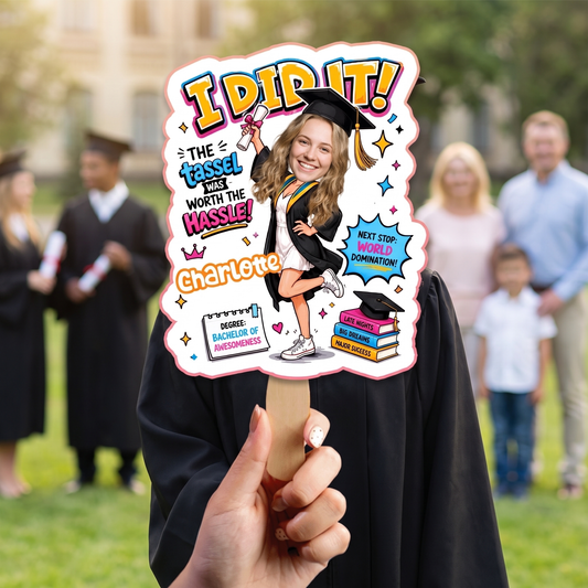 Personalized I Did It Next Stop World Domination Custom Shape Photo Hand Fan, Graduation Fan with Photo & Name