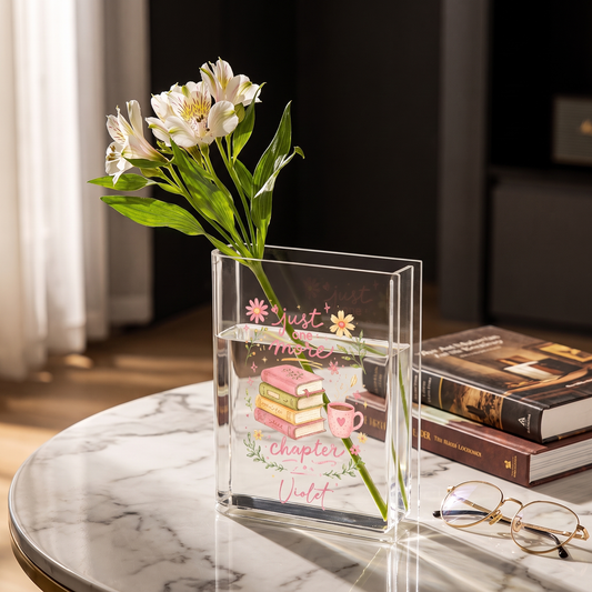 Personalized Just One More Chapter Acrylic Book Vase - Custom Name, Pink Book Stack Design