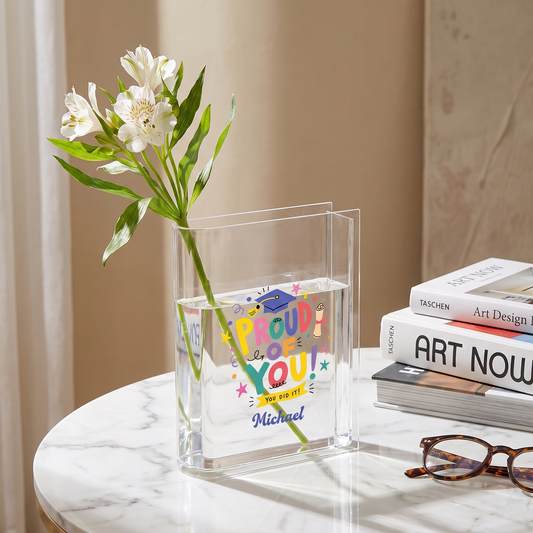 Personalized Proud of You Acrylic Book Vase, Custom Name Graduation Flower Vase