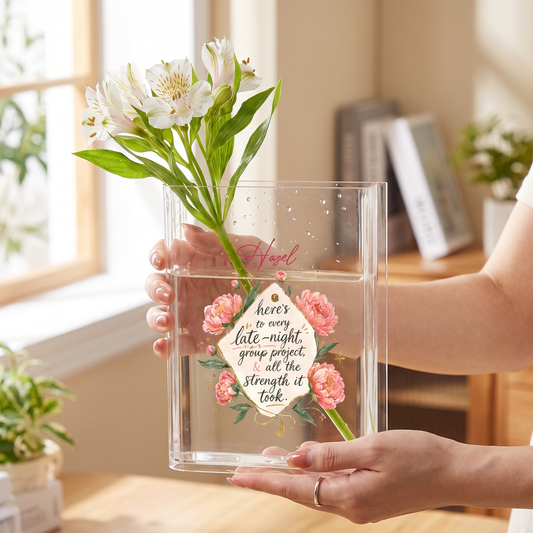 Personalized Here's to Every Late Night Acrylic Book Vase, Custom Name Graduation Flower Vase