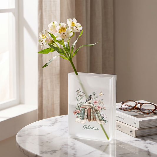 Personalized Vintage Books & Bird Acrylic Book Vase, Custom Name Literary Flower Vase
