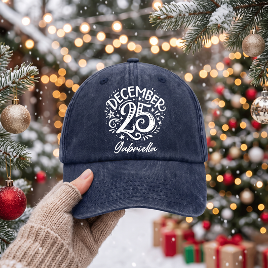 Personalized Christmas December 25 Baseball Cap, Custom Name Holiday Hat, Christmas Printed Cap