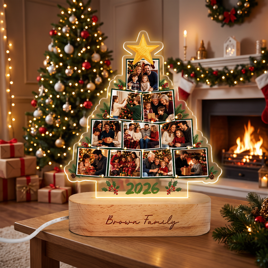 Personalized Christmas Tree Photo Night Light | Engraved Wood Base Lamp