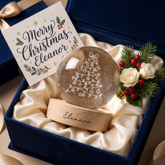 Custom Christmas Tree Lights Ribbon Bow 3D Laser Engraved Crystal Ball with LED Wooden Standee, Personalized Name Holiday Glowing Tabletop Night Light Keepsake
