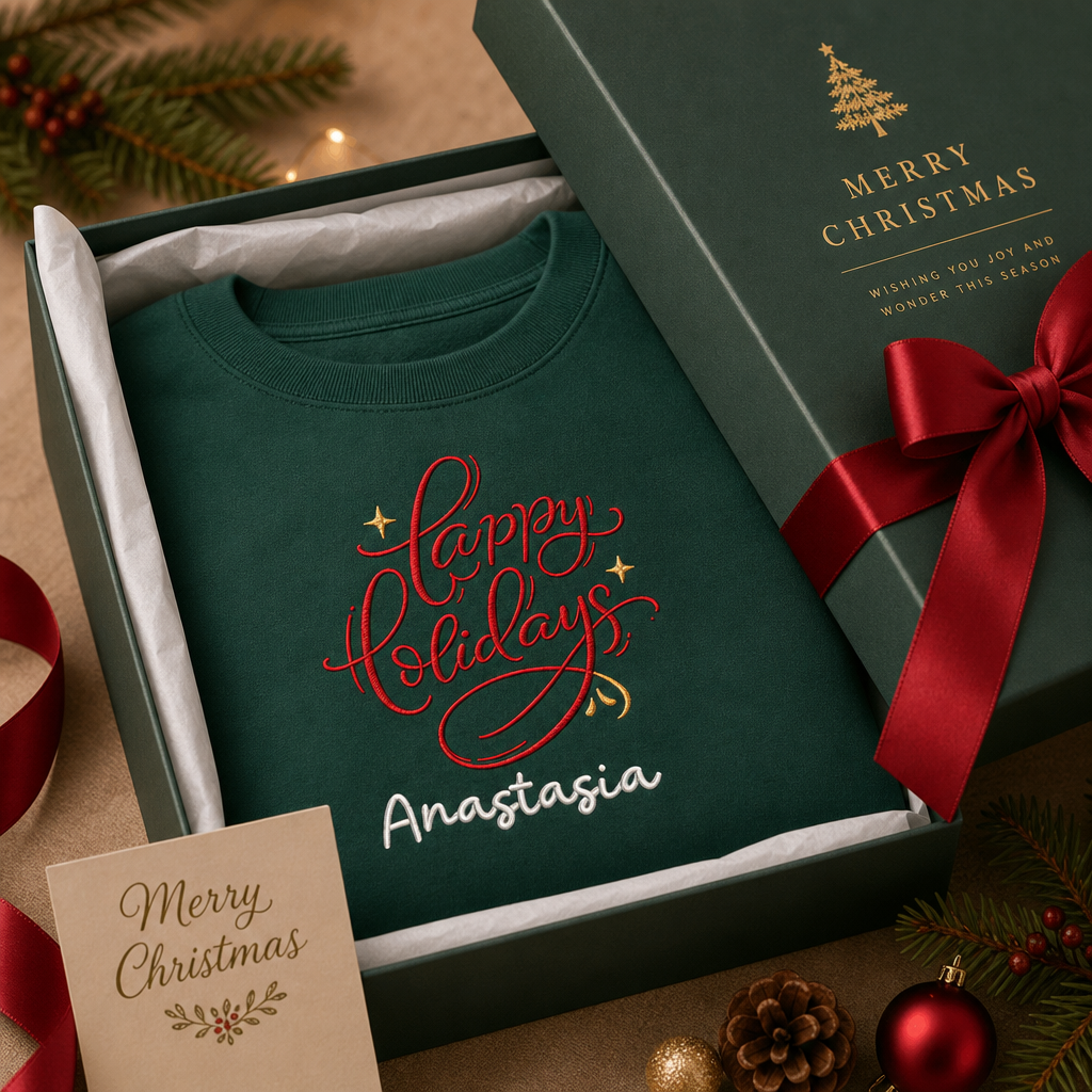 Forest green red Happy Holidays script name sweatshirt in a green gift box with a red bow
