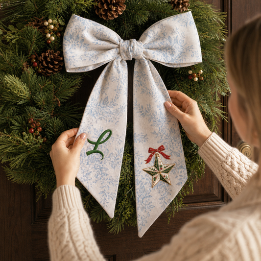 Custom Letter Christmas Star Embroidered Linen Wreath Sash, Personalized Monogram Holiday Bow Sash for Door Decor