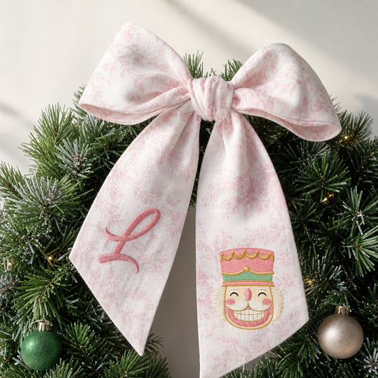 Custom Letter Christmas Nutcracker Embroidered Linen Wreath Sash, Personalized Monogram Holiday Bow Sash for Door Decor