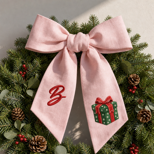 Custom Letter Red Bow Green Gift Box Embroidered Linen Wreath Sash, Personalized Monogram Holiday Bow Sash for Door Decor