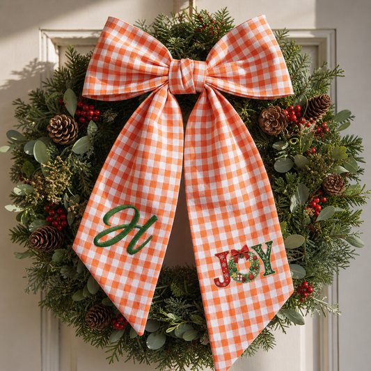 Custom Letter Christmas Joy Wreath Embroidered Linen Wreath Sash, Personalized Monogram Holiday Bow Sash for Door Decor