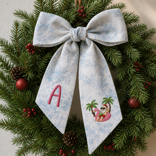 Custom Monogram Tropical Santa Gingham Wreath Bow, Personalized Initial Beach Flamingo Santa Christmas Wreath Sash & Front Door Decor
