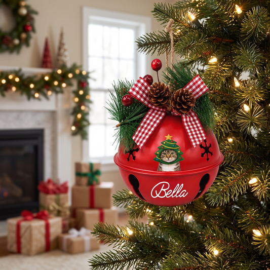 Personalized Christmas Tree Cat White Jingle Bell Ornament, Custom Cat Name Pet Lover Holiday Decor, Rustic Metal Bell with Bow & Pinecone Accents