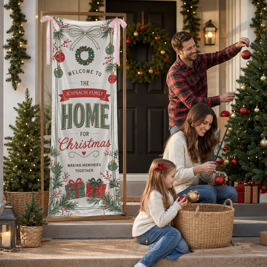 Vintage Wreath Christmas Family Fabric Welcome Banner, view 2