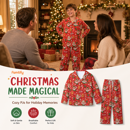 Custom Photo Hot Chocolate Gingerbread Christmas All-Over Print Kids Satin Pajama Set, Personalized Name Long Sleeve Sleepwear Set for Boys and Girls