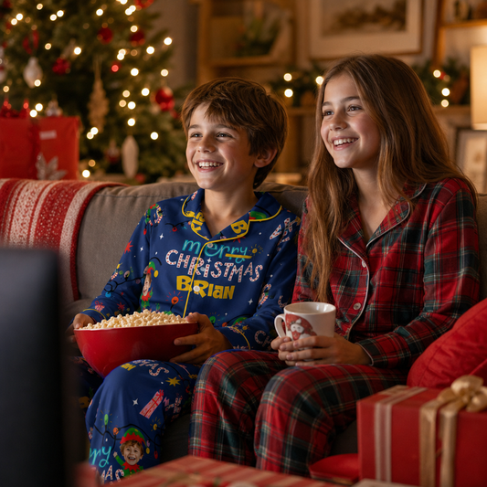 Custom Photo Christmas Elf Merry Christmas All-Over Print Kids Satin Pajama Set, Personalized Name Long Sleeve Sleepwear Set for Boys and Girls