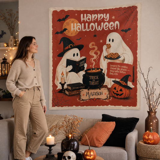 Woman smiling at the reading ghost cookie Halloween tapestry hanging over her sofa